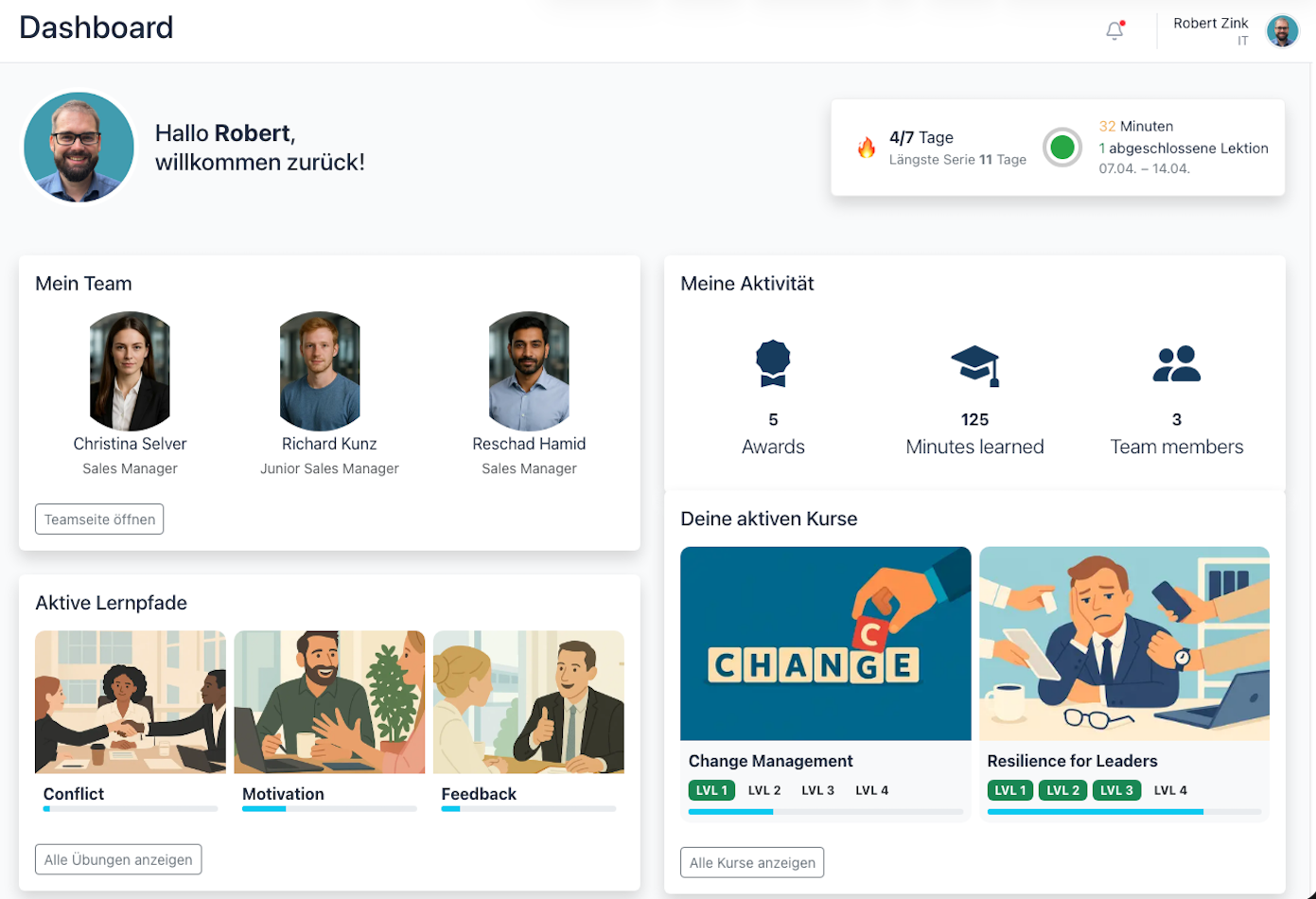 Dashboard von mayn.ai mit Teamübersicht, Lernpfaden, Aktivität und aktiven Kursen